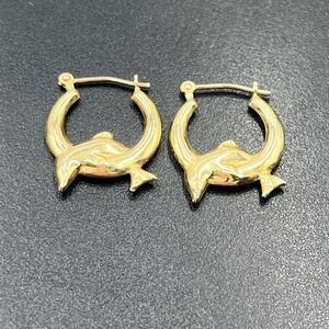 D 10k Vintage Yellow Gold Dolphin Small Jumping‎ Hoop Earrings